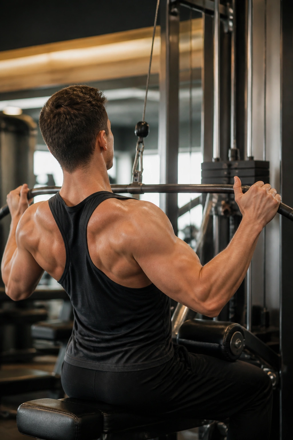Person using a cable machine for lat pulldown in a gym