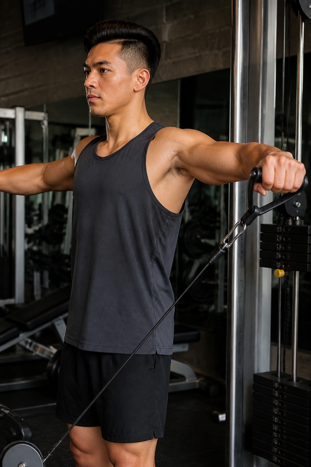 Lifter performing cable lateral raise at gym