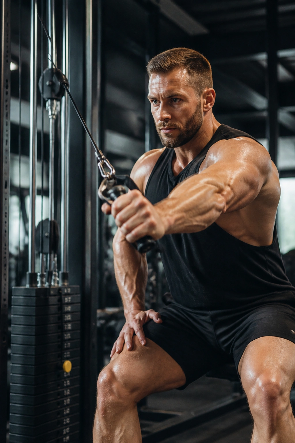 Lifter using a cable stack for push-pull movements in a gym.