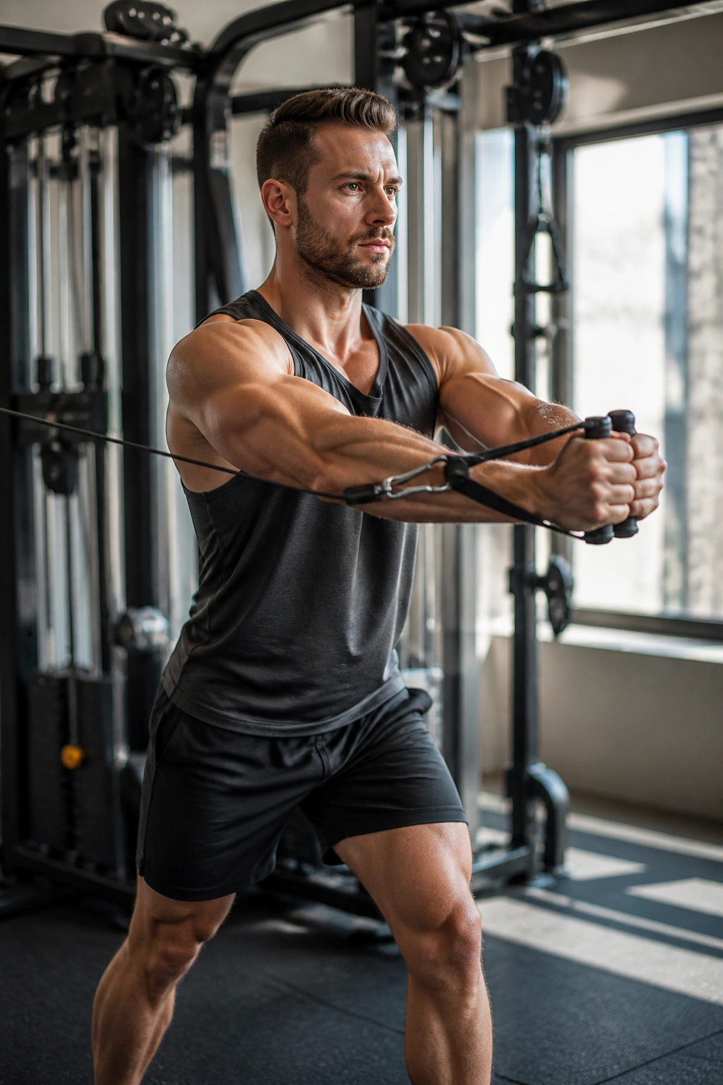 Person using a cable machine for standing press in a gym