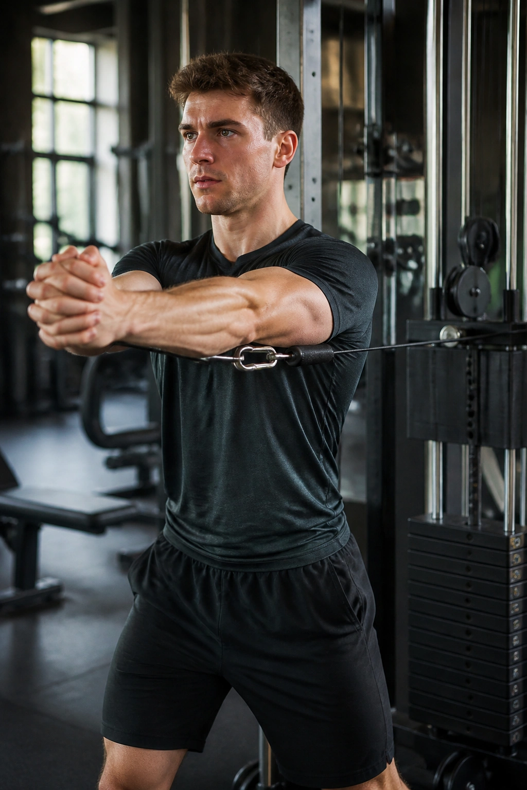 Person performing Pallof press with cable in gym