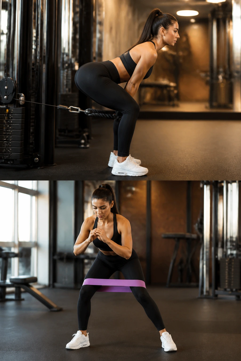 Close-up of a person performing cable pull-throughs, hip hinge and glute engagement