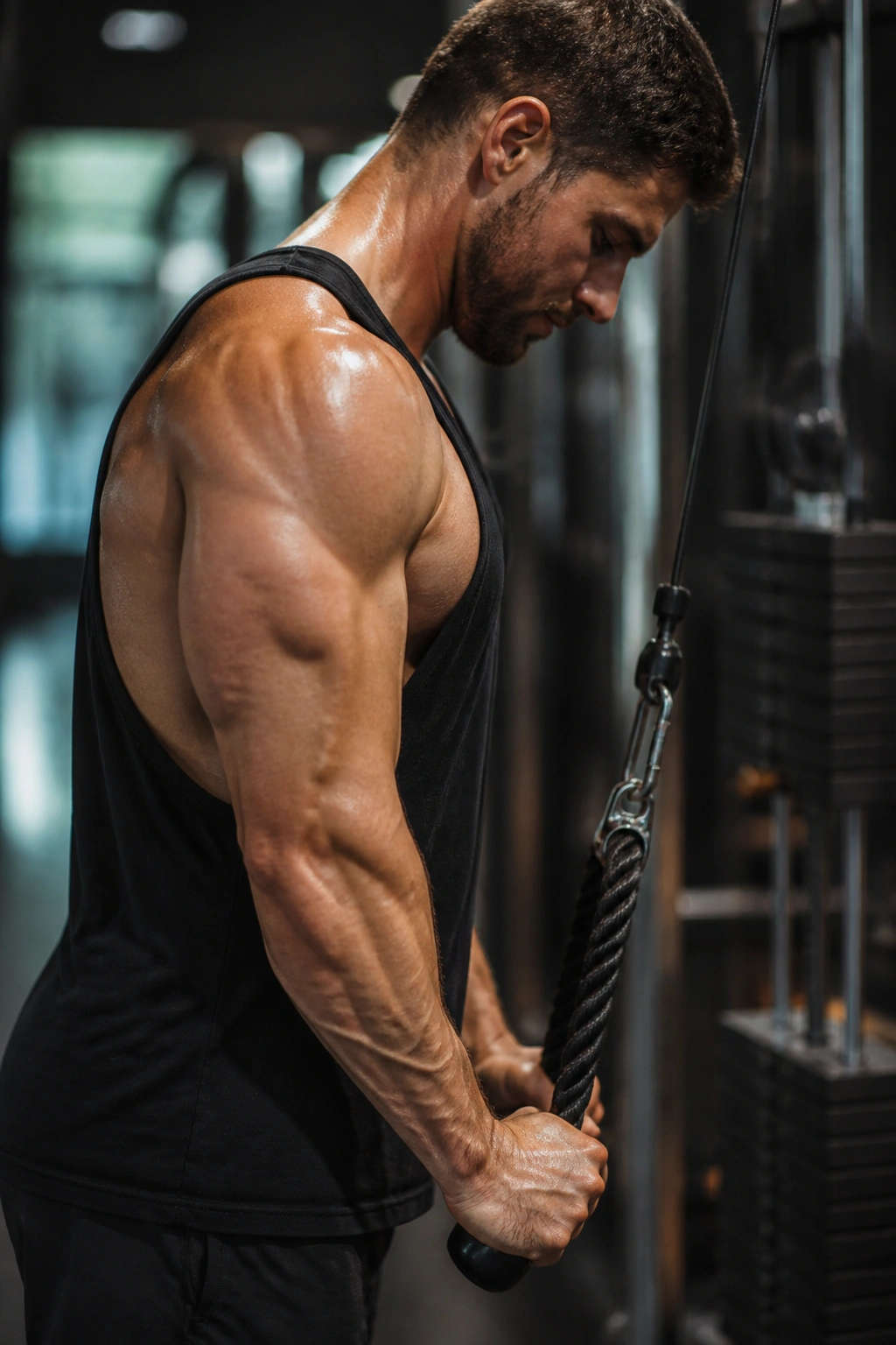 Lifter performing cable triceps pushdown with rope handle