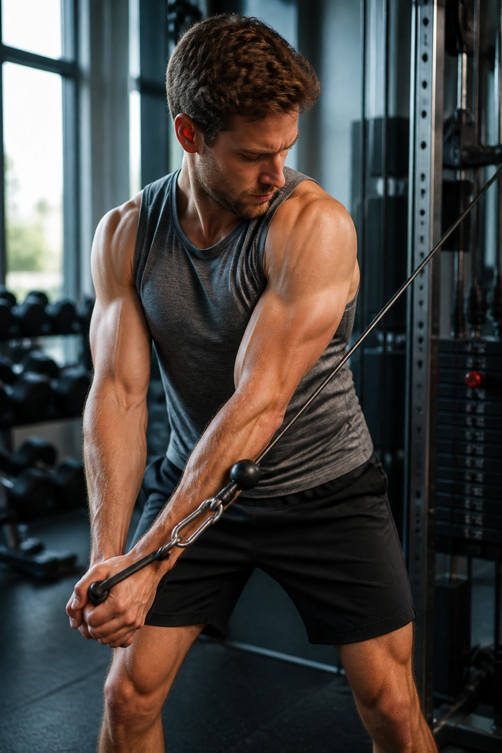 Close-up of a person performing a cable wood chop showing trunk rotation and core engagement in a gym