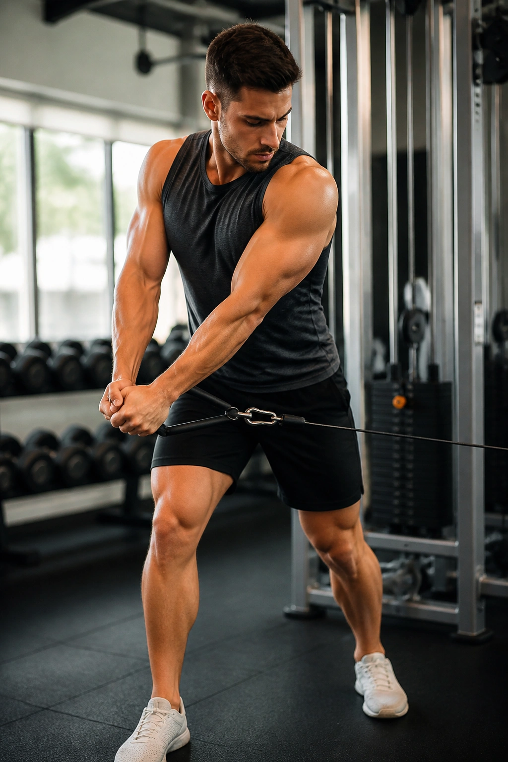 Close up of a person performing a cable woodchopper showing torso rotation and core engagement