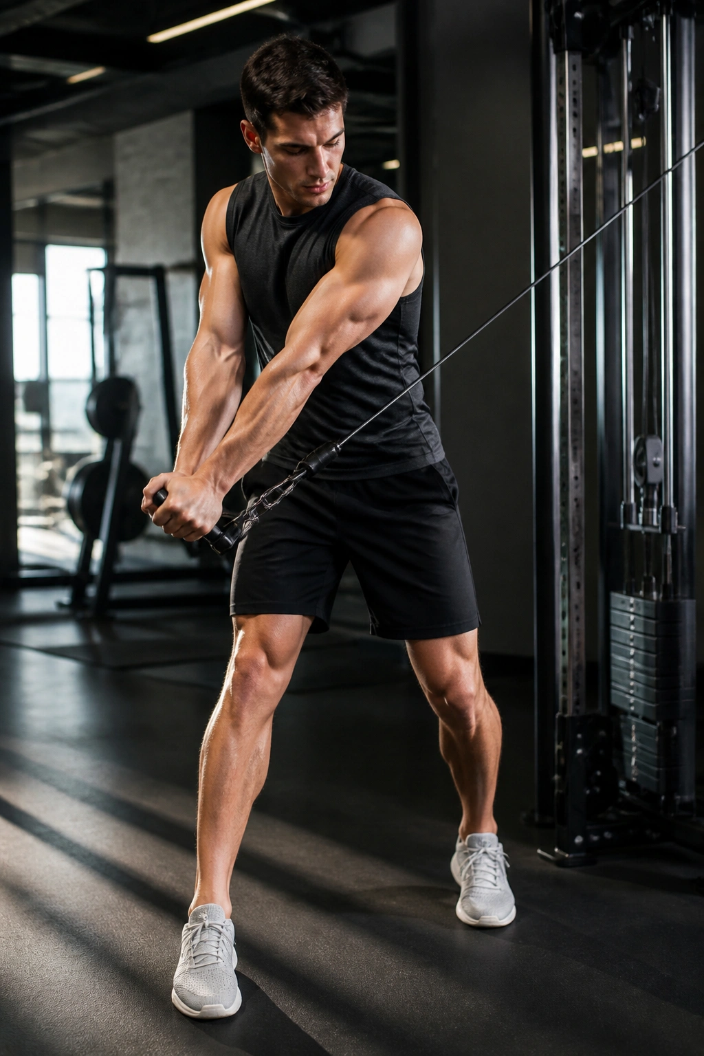 Person performing cable woodchoppers with diagonal pull