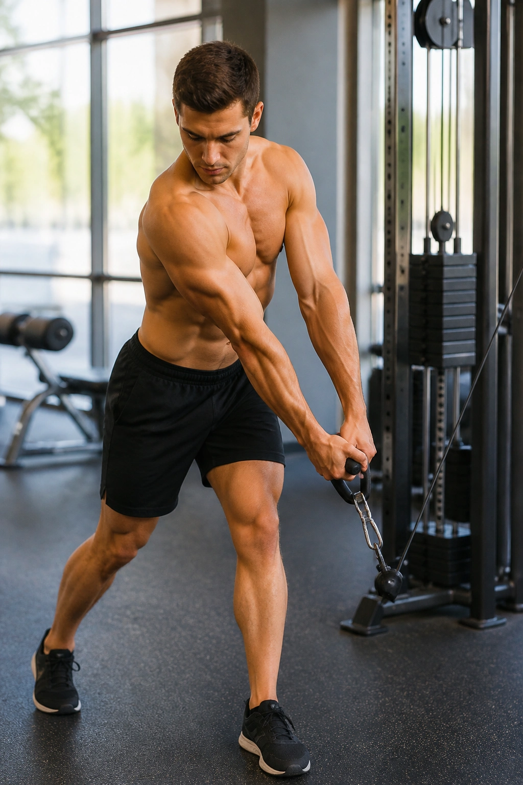 Person performing cable woodchoppers in gym showing torso rotation.