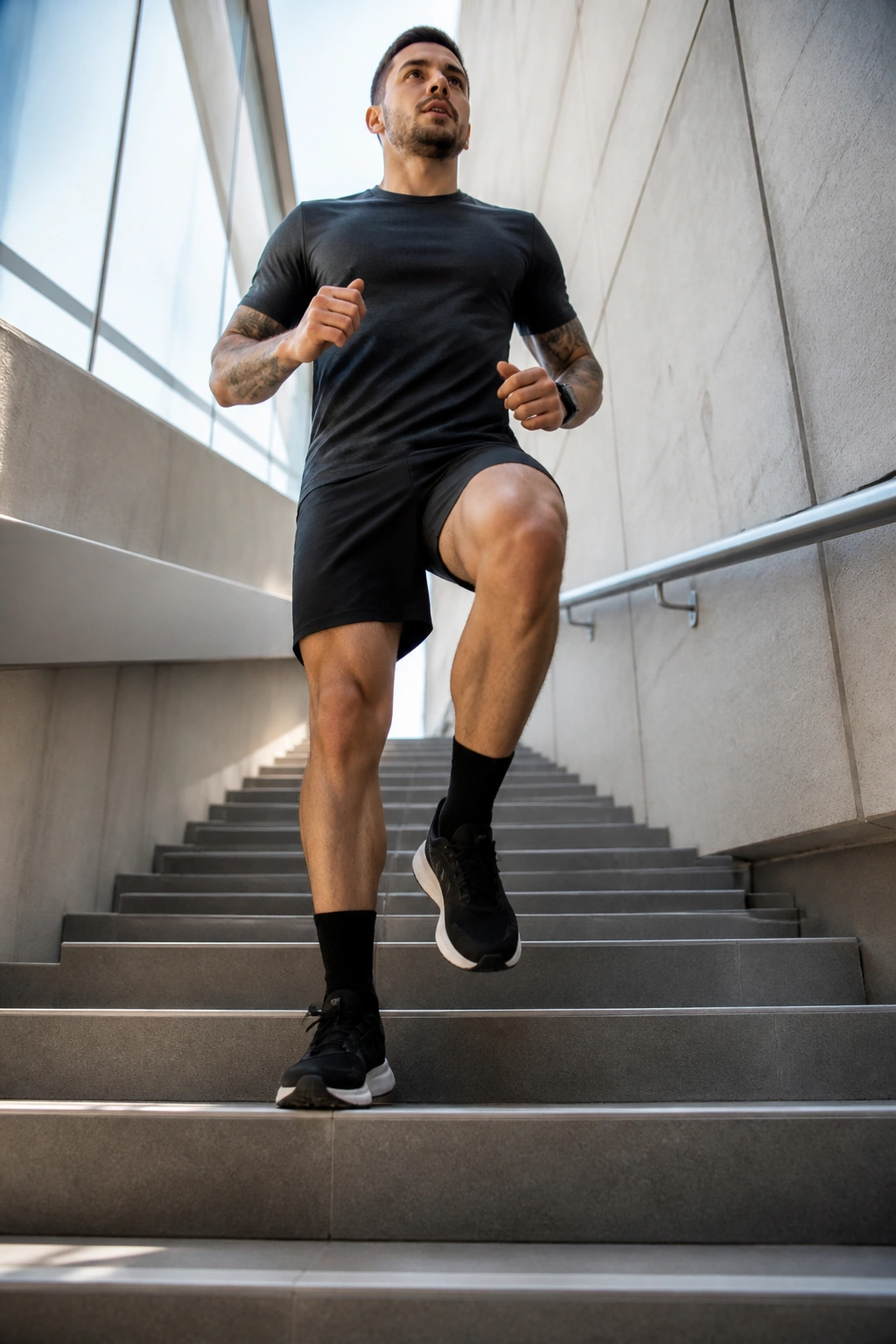 Person performing cadence drill on stairs with alternating fast and slow steps