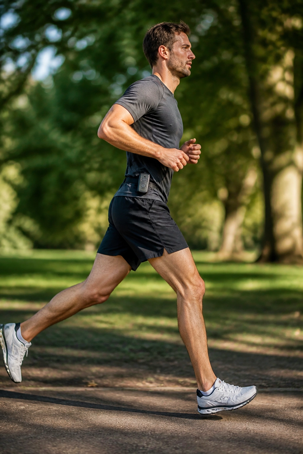 Runner in cadence run with metronome clipped to waistband in park
