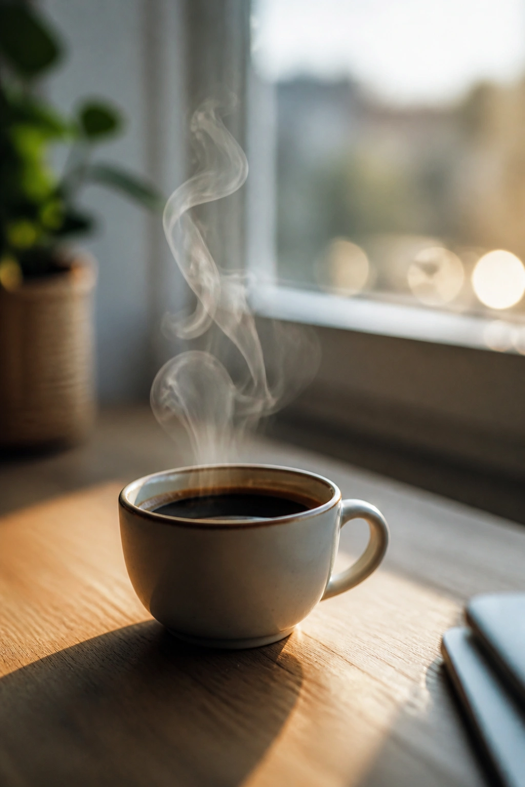 Close-up of a small cup of coffee with steam in morning light