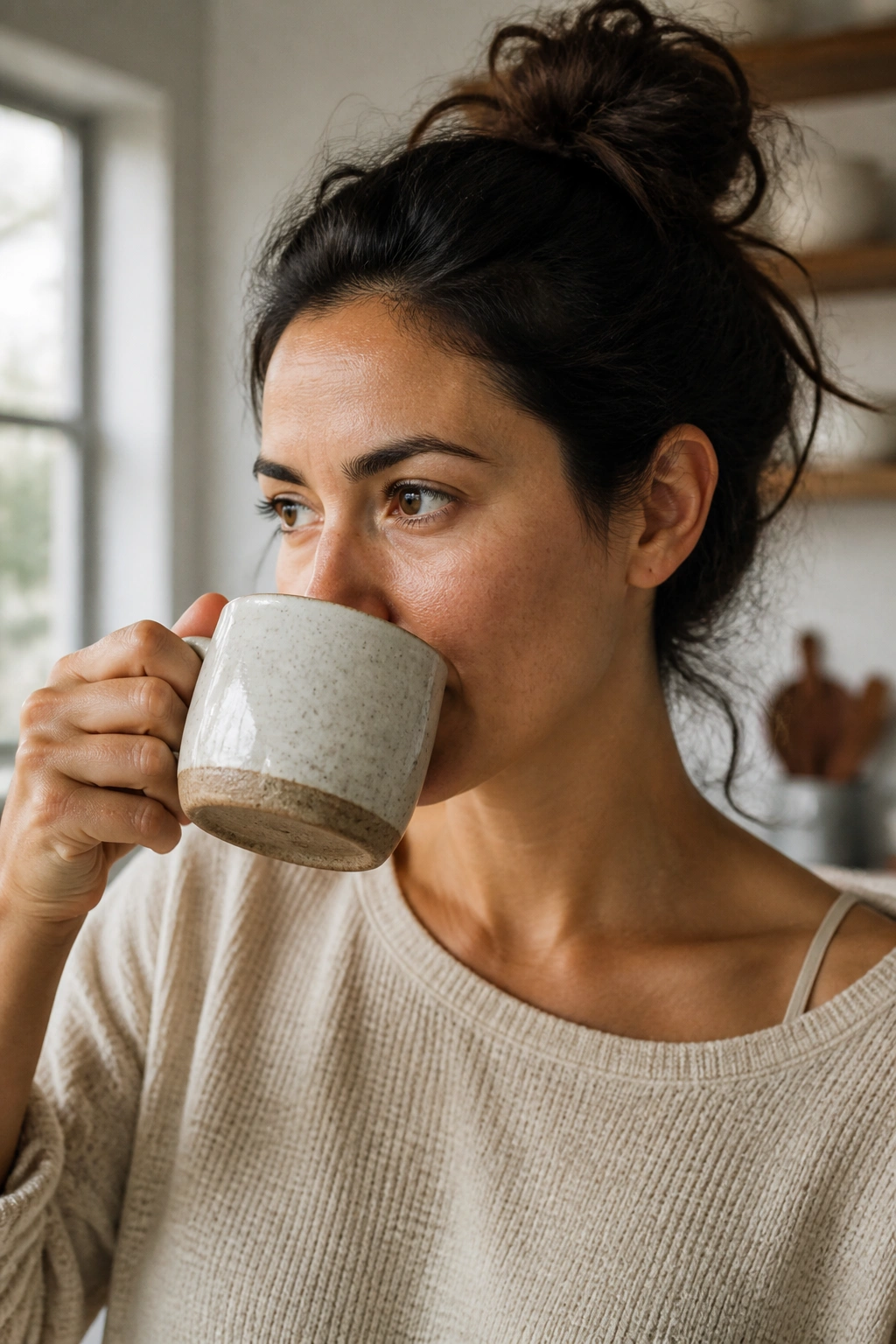 Portrait of a person drinking coffee in the morning to illustrate caffeine timing.
