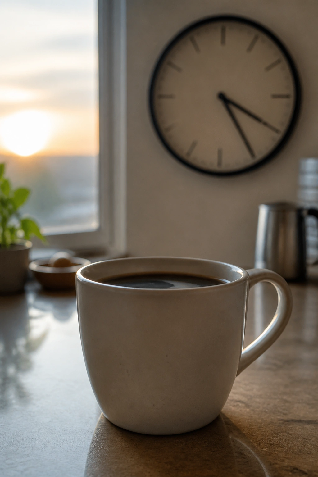 Coffee mug on a counter with a minimal clock behind indicating late afternoon