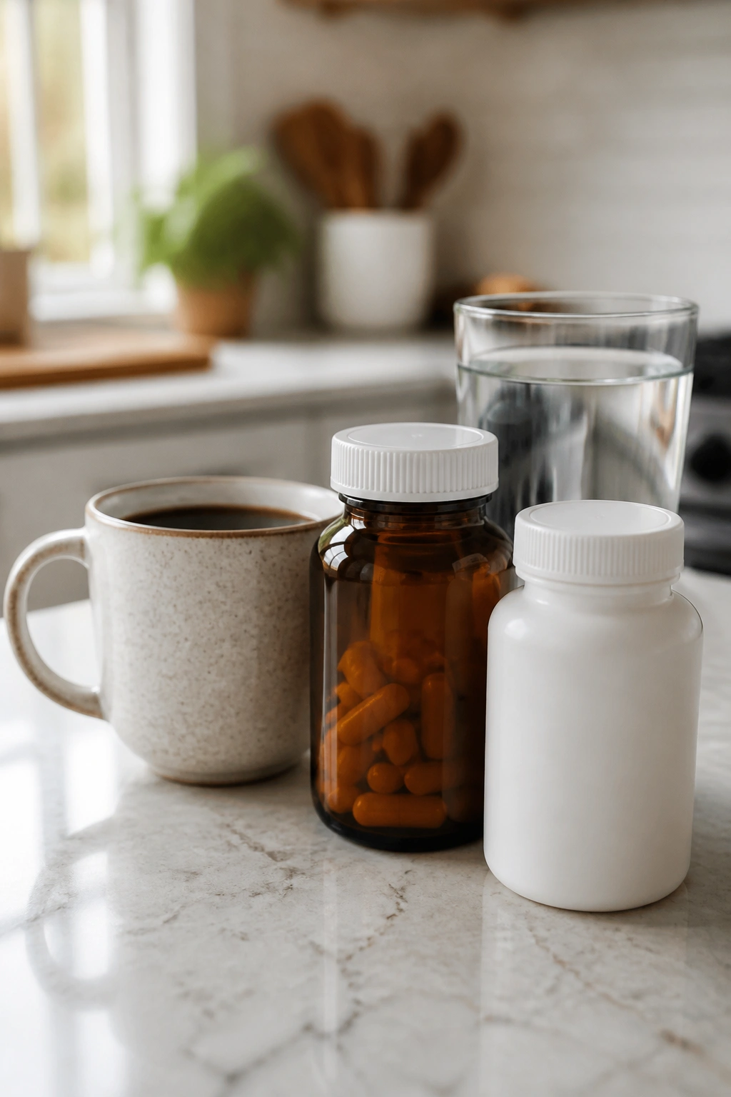 Coffee cup with unlabeled vitamin and supplement bottles on a kitchen counter