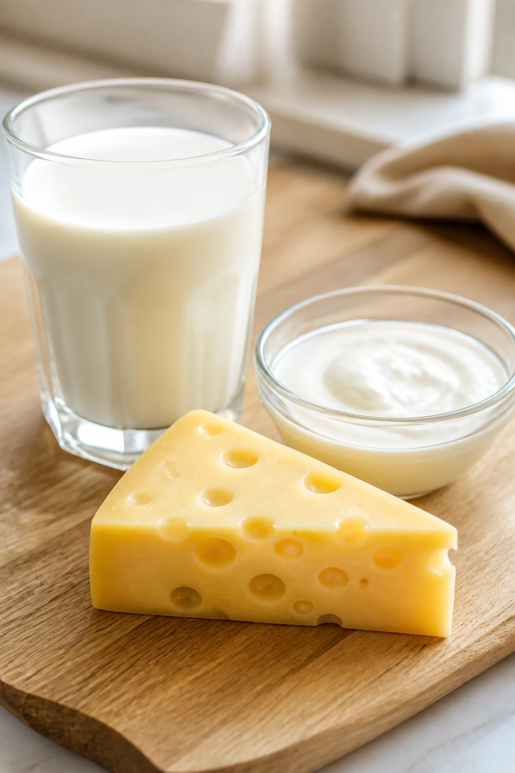 Milk glass with yogurt and cheese on a wooden board