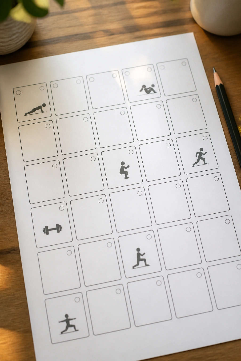 Close-up of a printed 30-day challenge calendar page with boxes and exercise icons on a wooden desk
