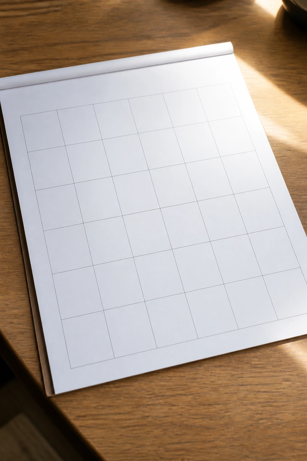 Close-up of a blank calendar grid on a wooden desk under natural light