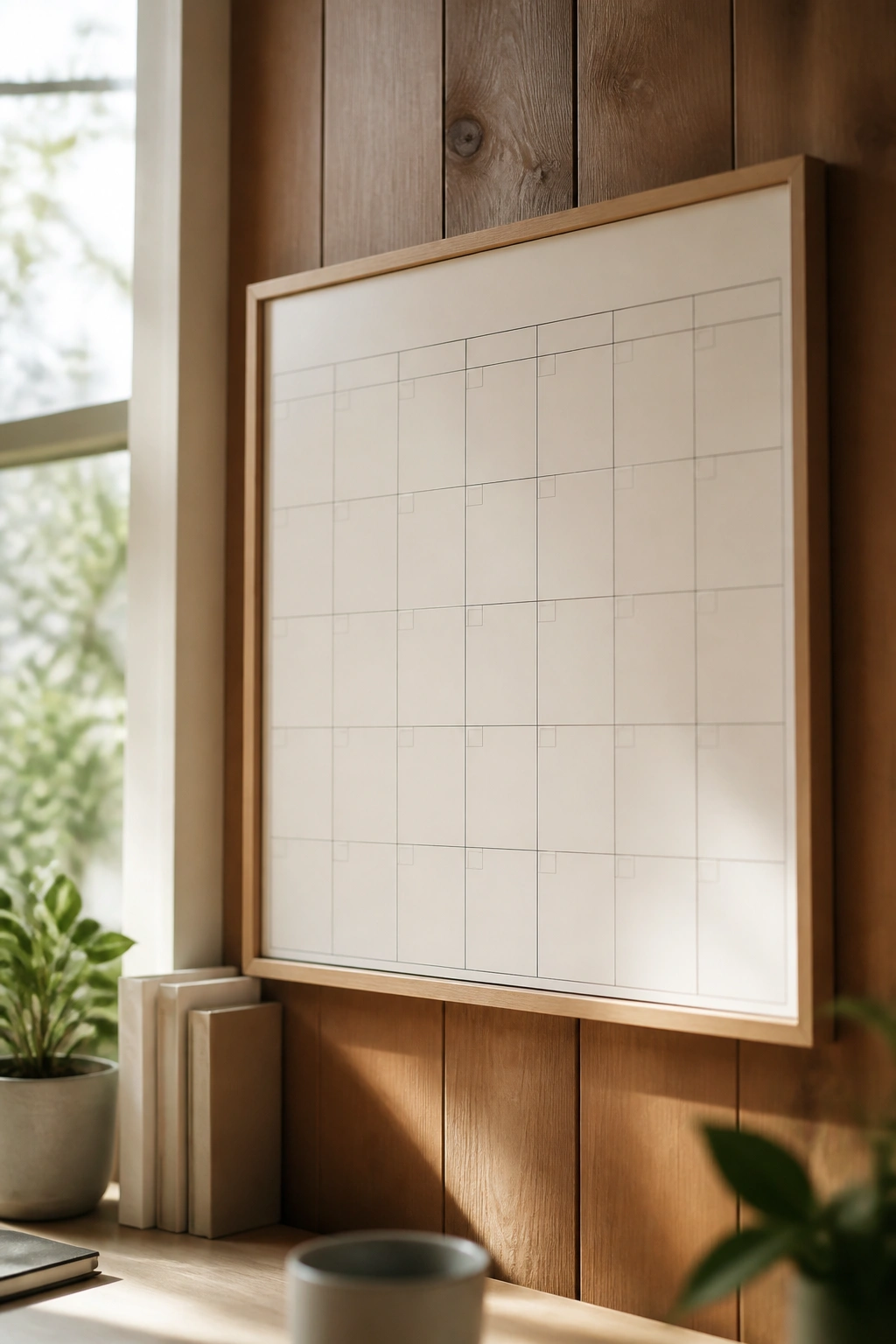 Minimalist blank calendar frame on a wooden wall, representing the maintenance and longevity calendar for sustainable barre routines.