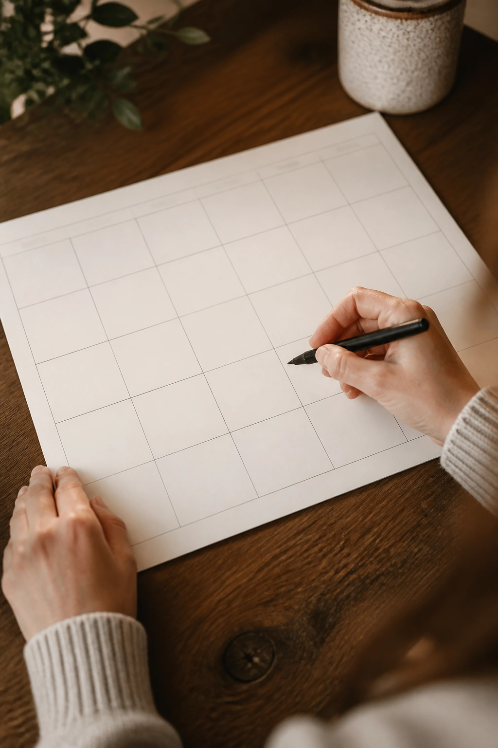 Close-up of a blank calendar grid on paper with hands over a desk