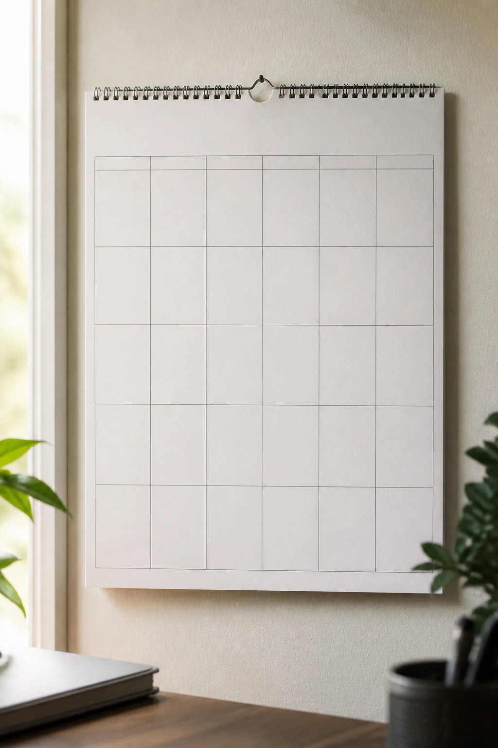 Close-up of a blank minimalist monthly workout calendar template on a wall