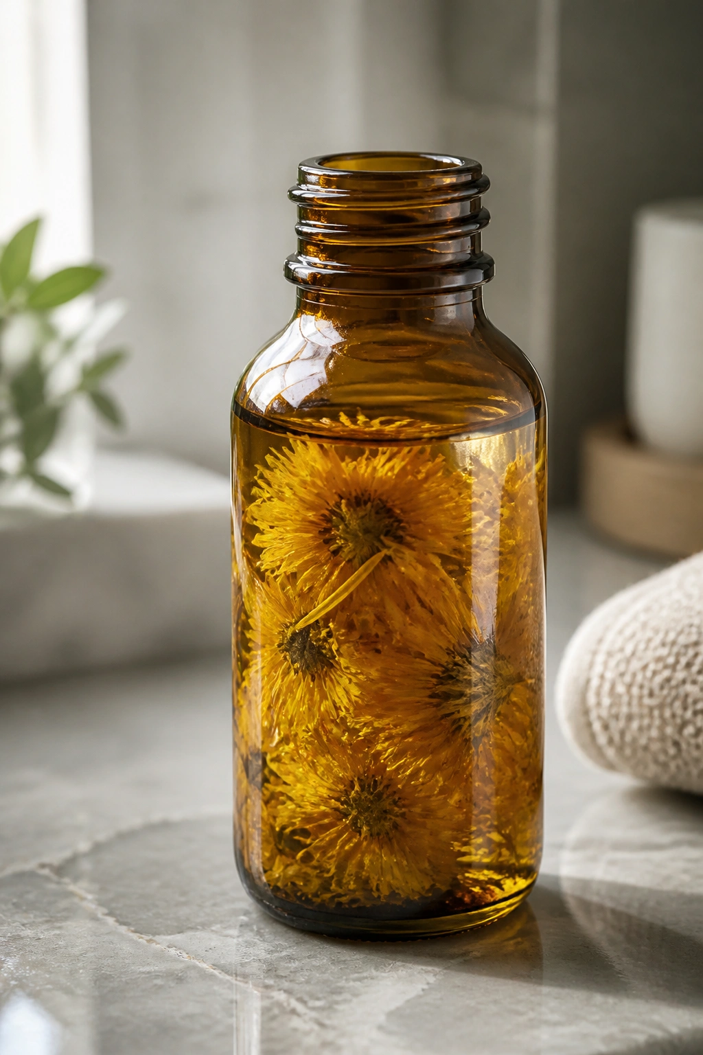 Close-up of calendula-infused oil bottle on bathroom counter