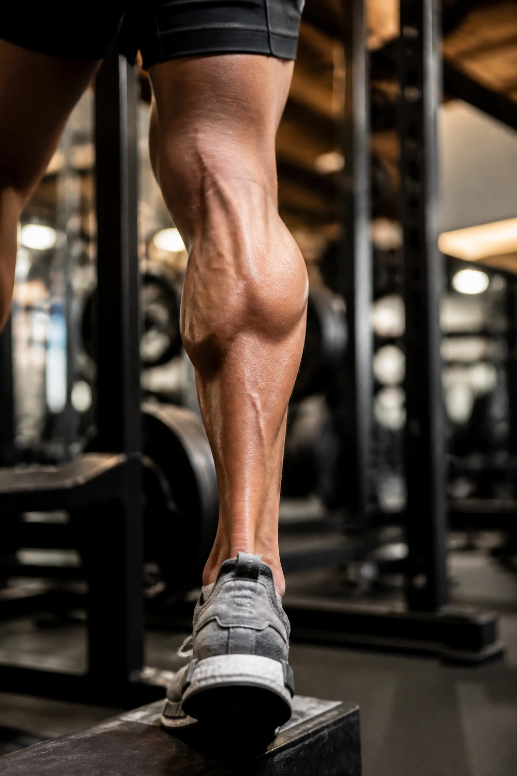 Close-up of a calf during a standing calf raise highlighting calf and hamstring emphasis.