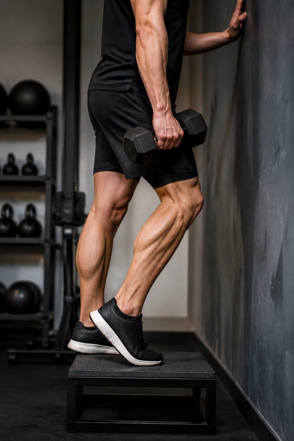 Single-leg calf raise on a step showing the working calf