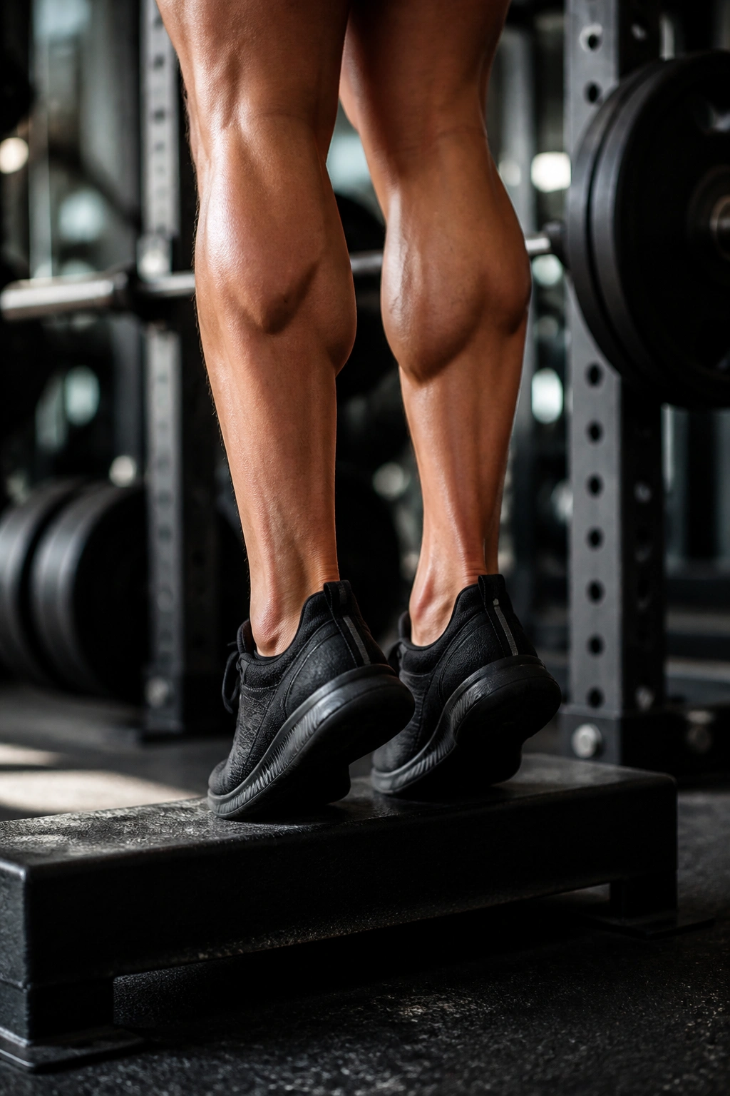 Close-up of calves and feet during standing calf raise on a raised edge in gym