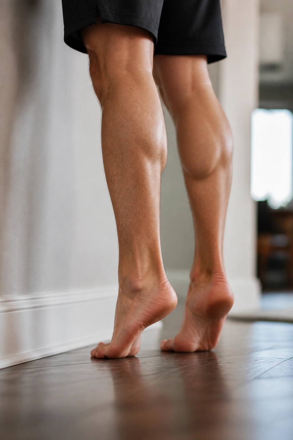 Close-up of calves during a calf raise exercise at home