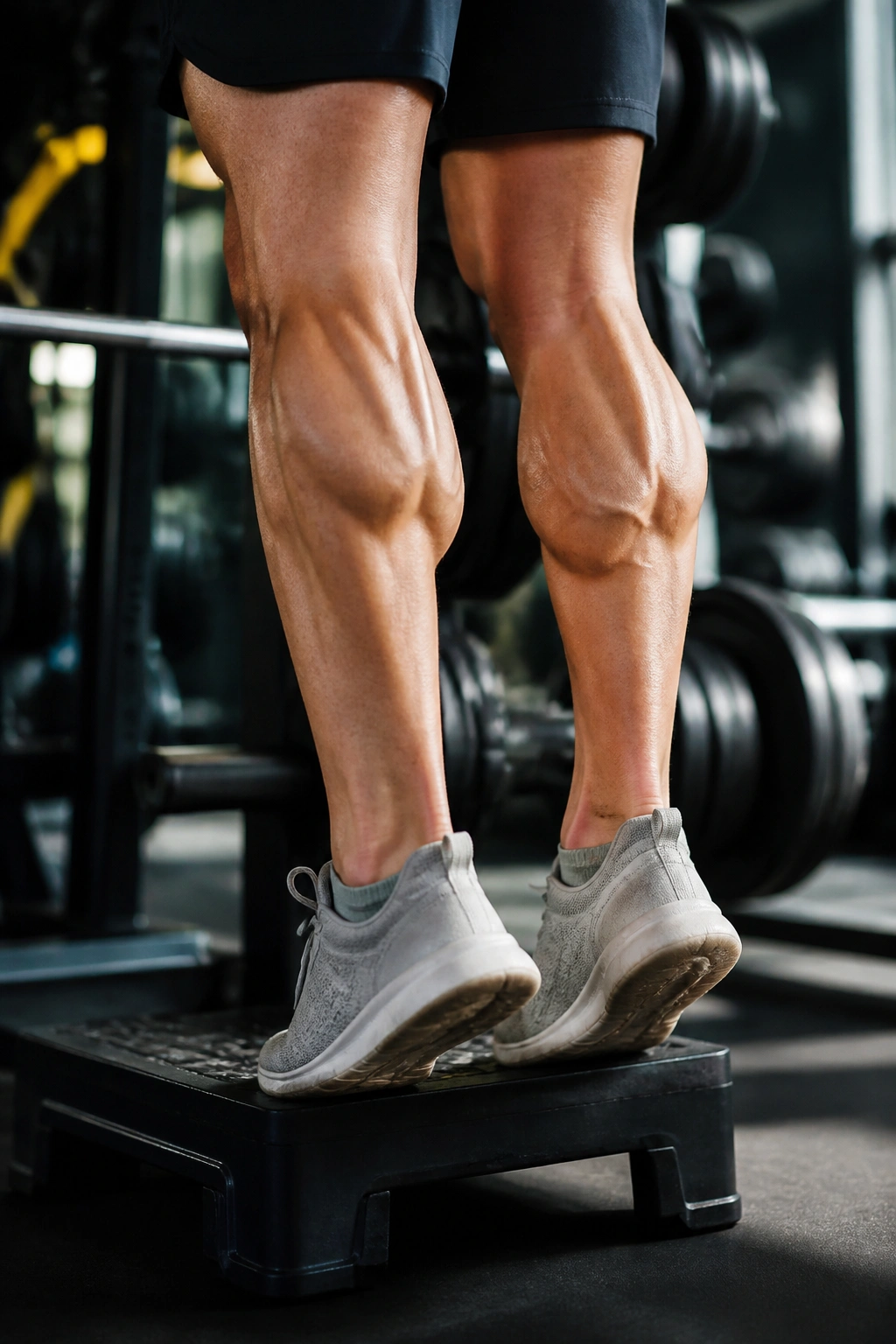 Close-up of calves during standing calf raise on a gym step