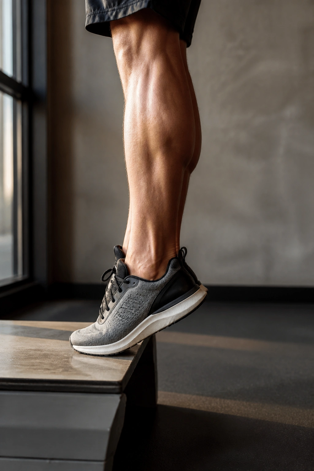 Close-up of calf raise with isometric pause on a stair