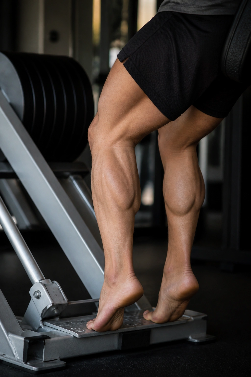 Leg press calf raise focusing on calves with heels off the platform in a gym setting