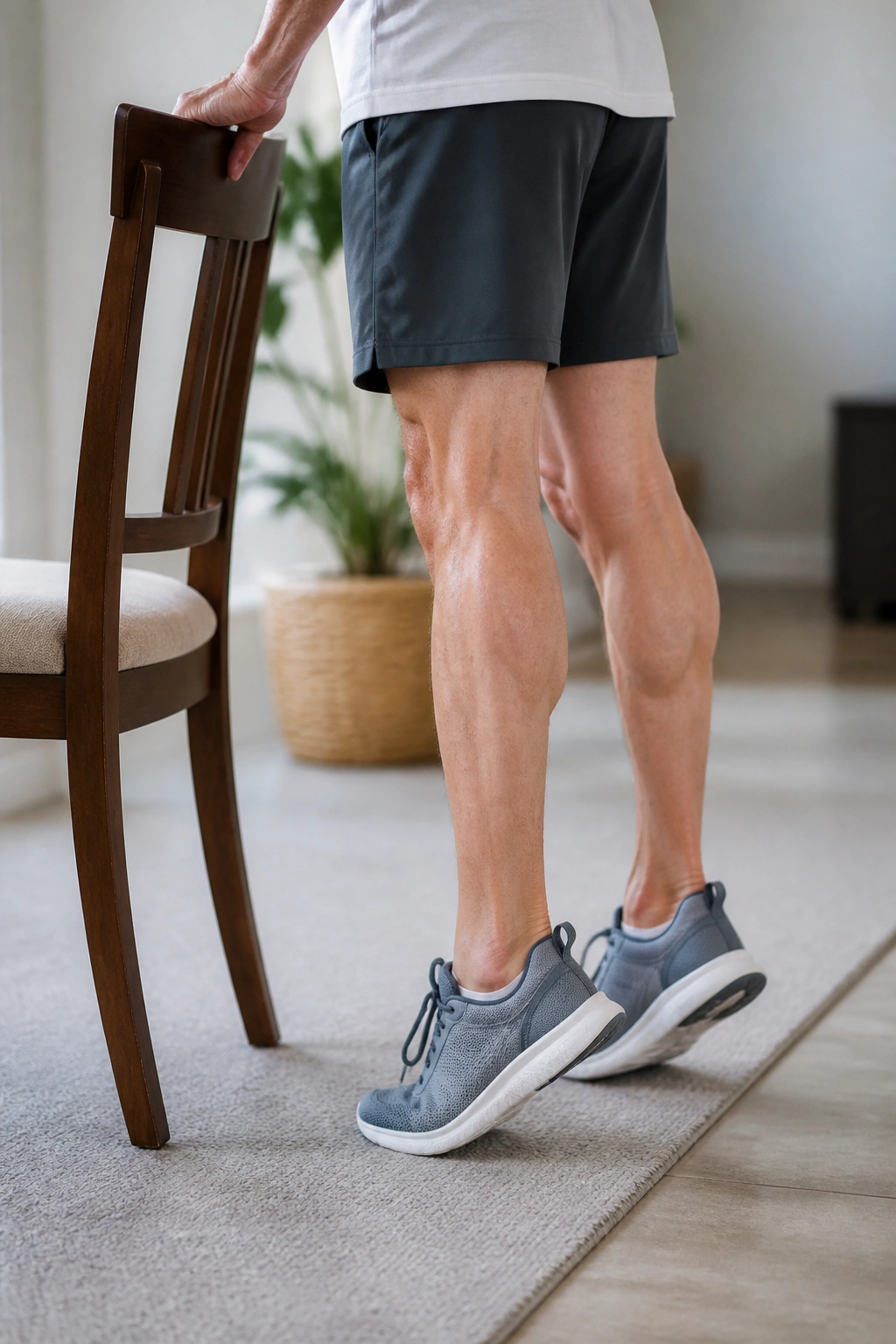 Person performing heel raises with calves engaged behind chair