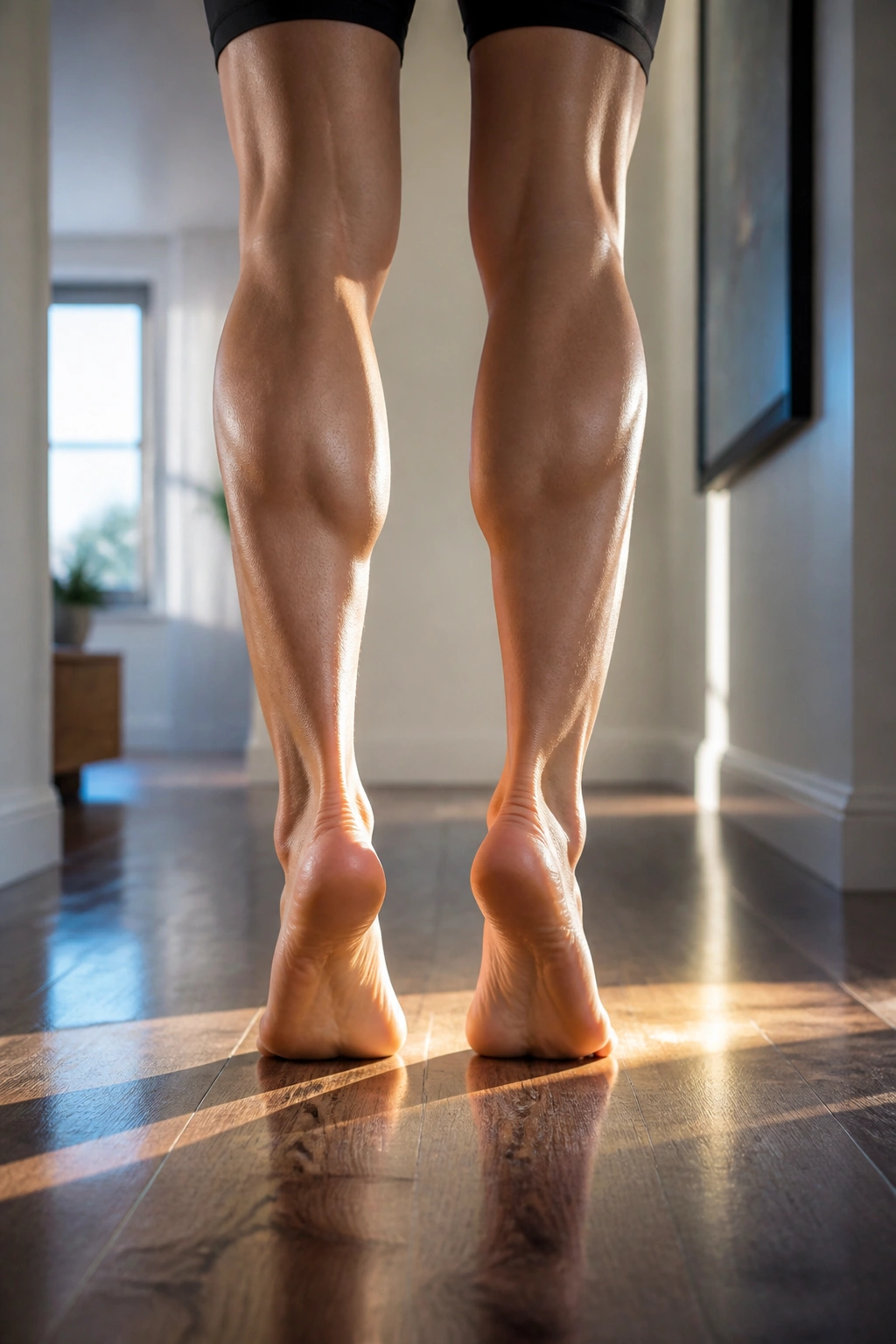 Close-up of calves on tiptoe showing definition