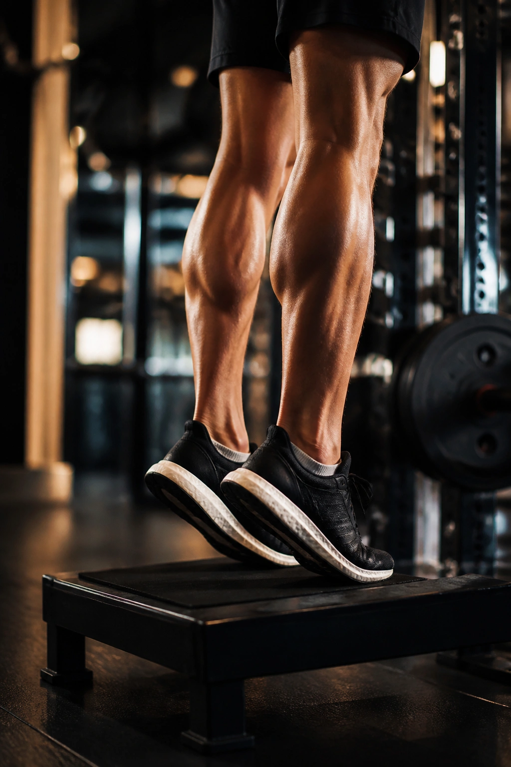 Close-up of calves during standing calf raises on a raised platform.