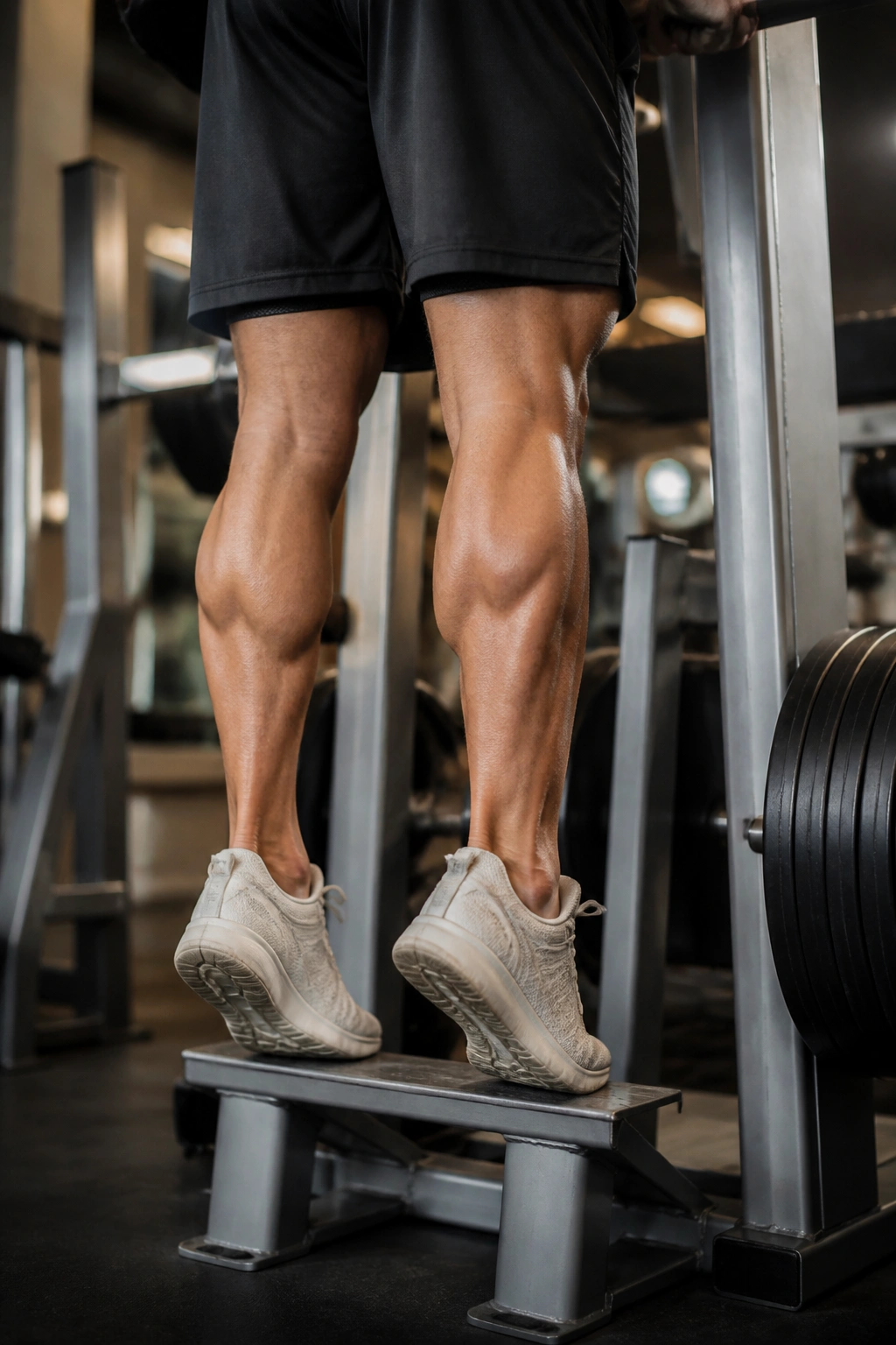 Close-up of sculpted calves during standing calf raises at the gym