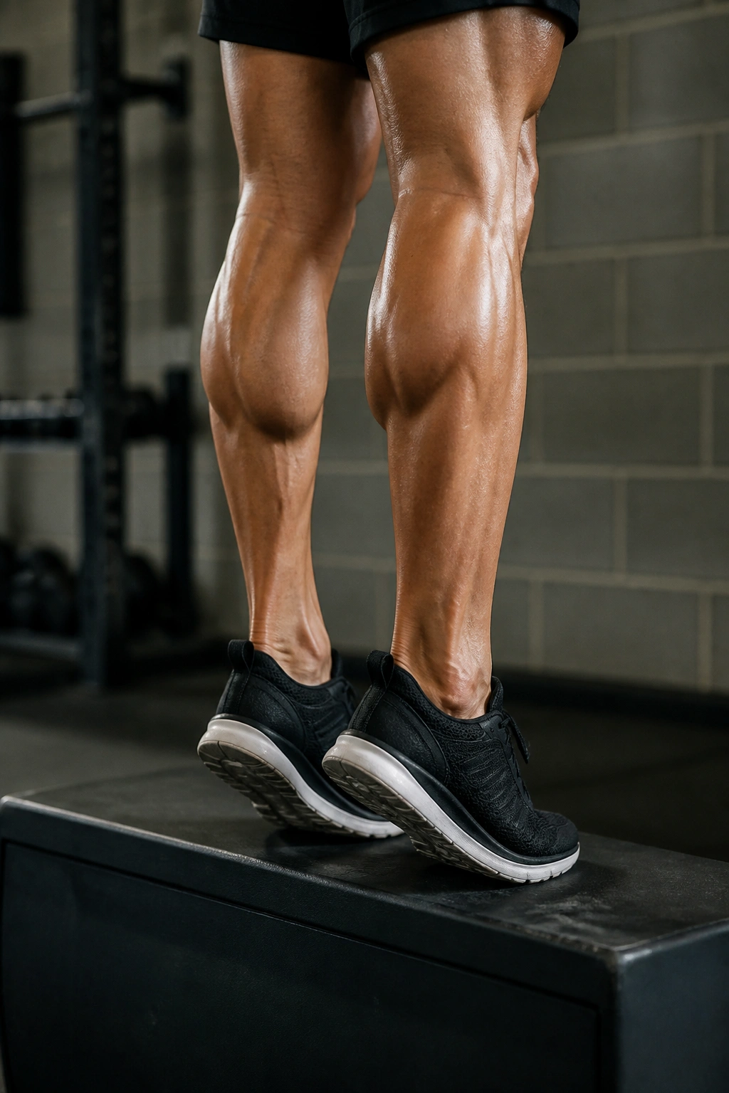 Close-up of calves during standing calf raises in a gym setting