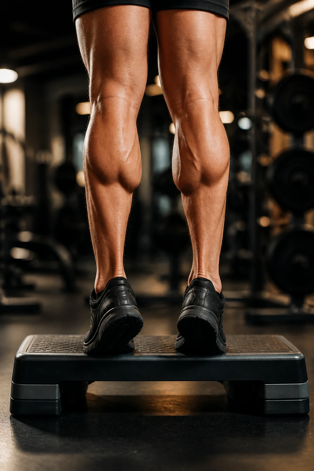 Close-up of calves lifting onto tiptoes during a calf raise on a gym step.