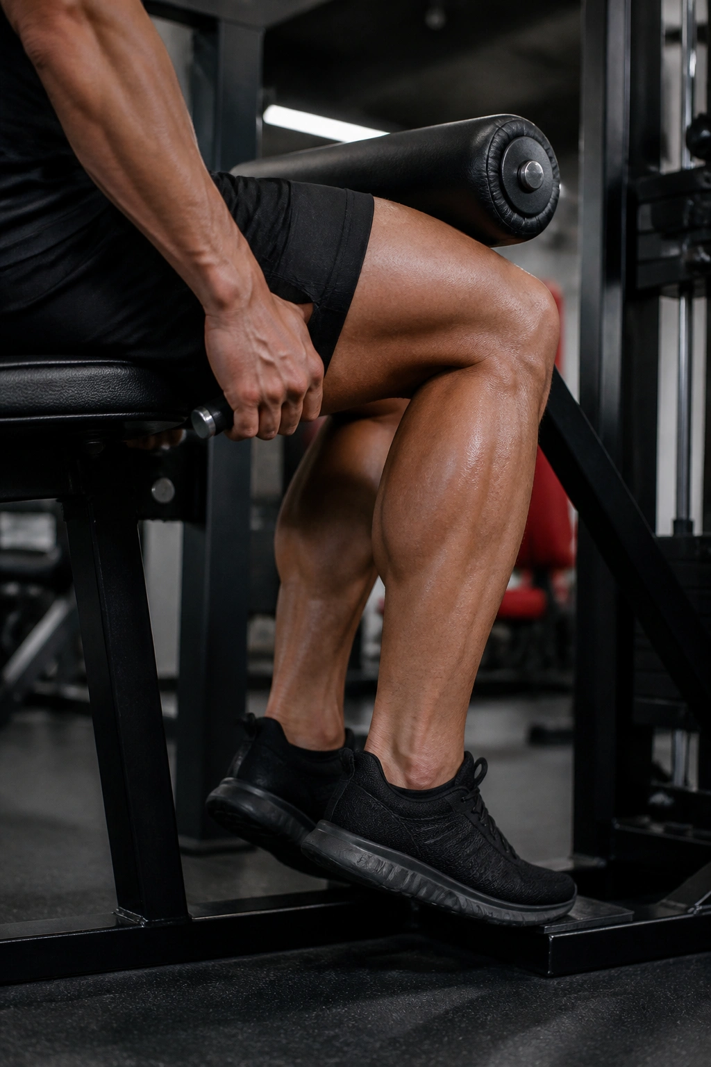 Calves engaged in seated calf raises at the gym.