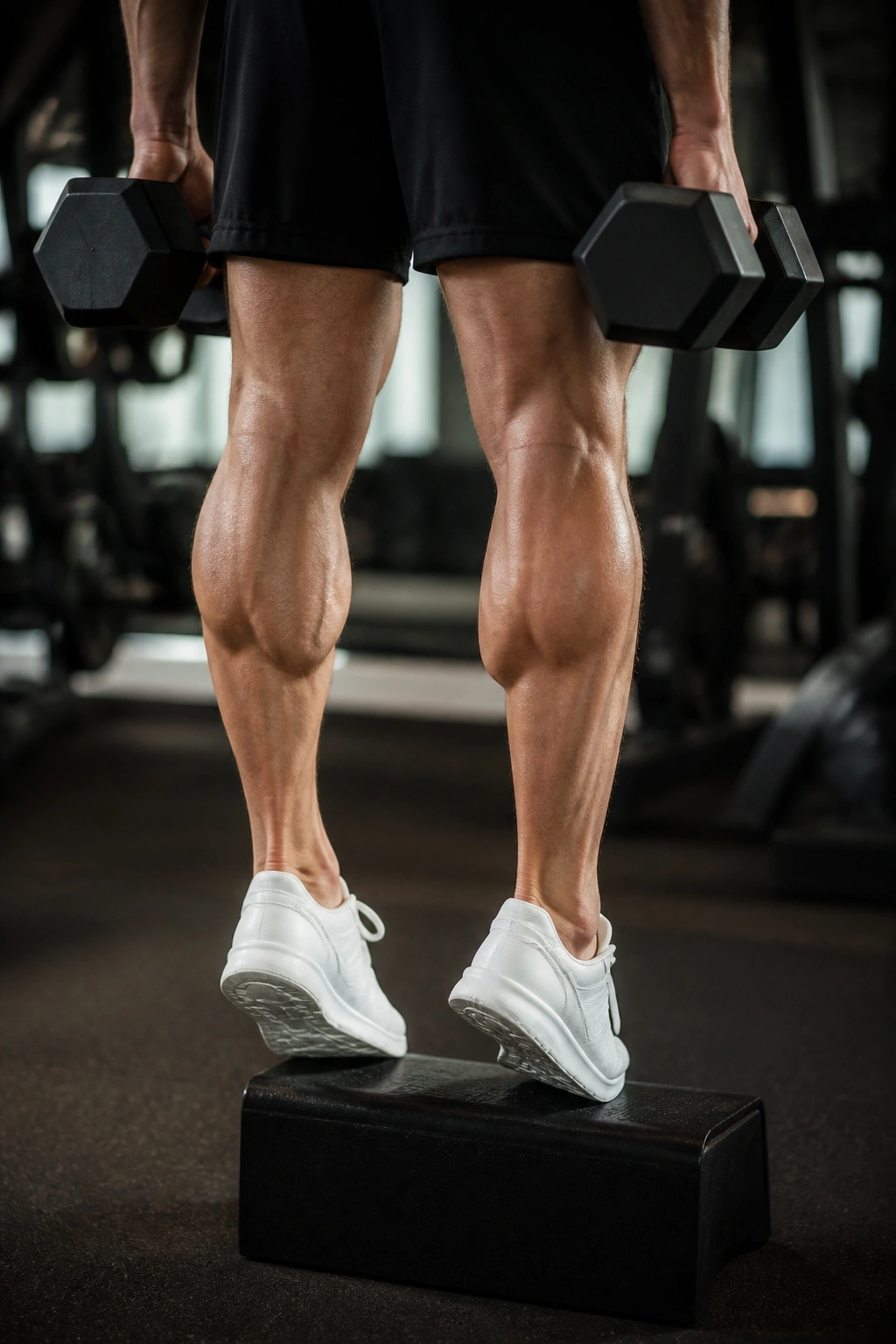 Close-up of a person performing standing calf raises focusing on calves in a gym