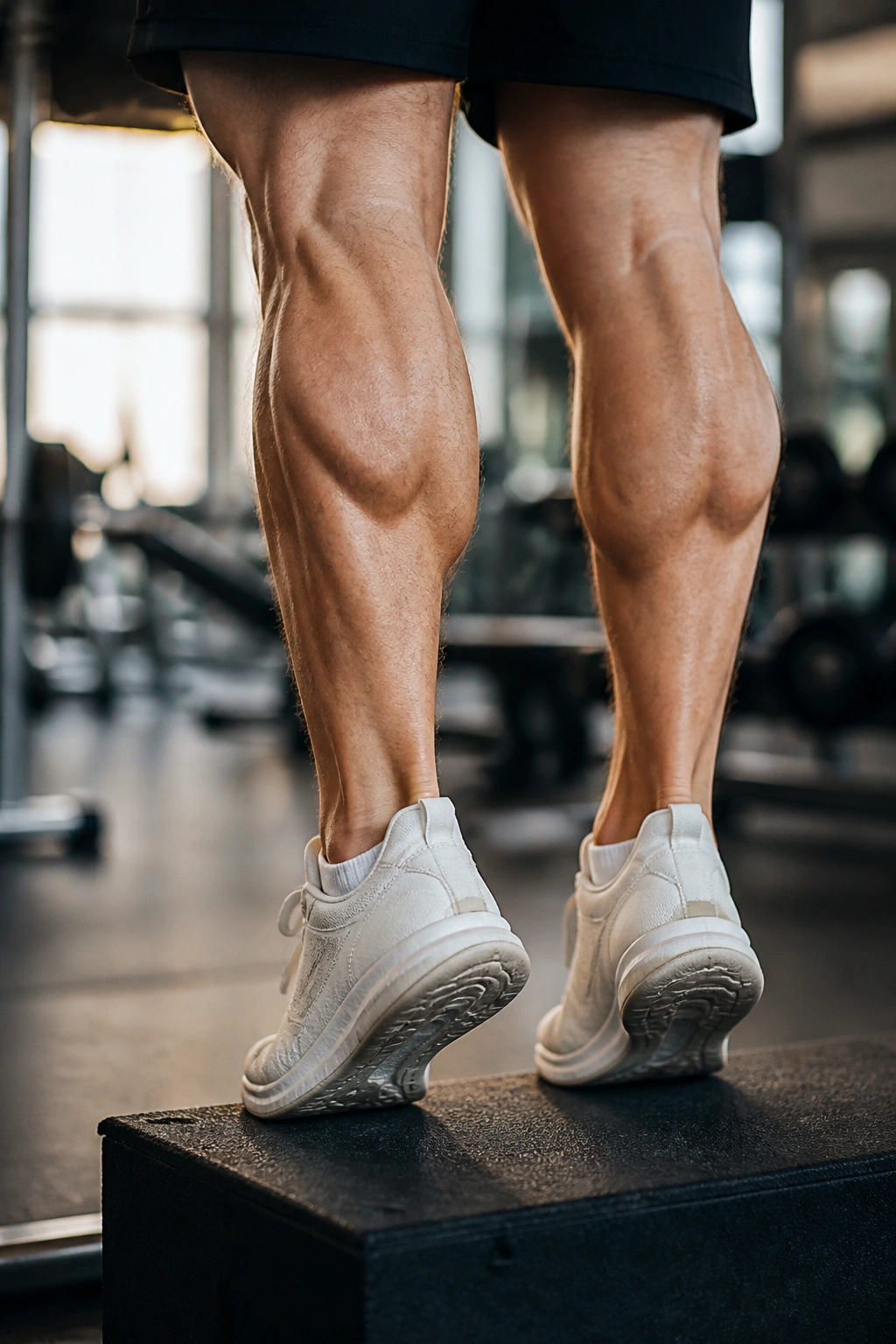 Close-up of calves and heels performing a standing calf raise