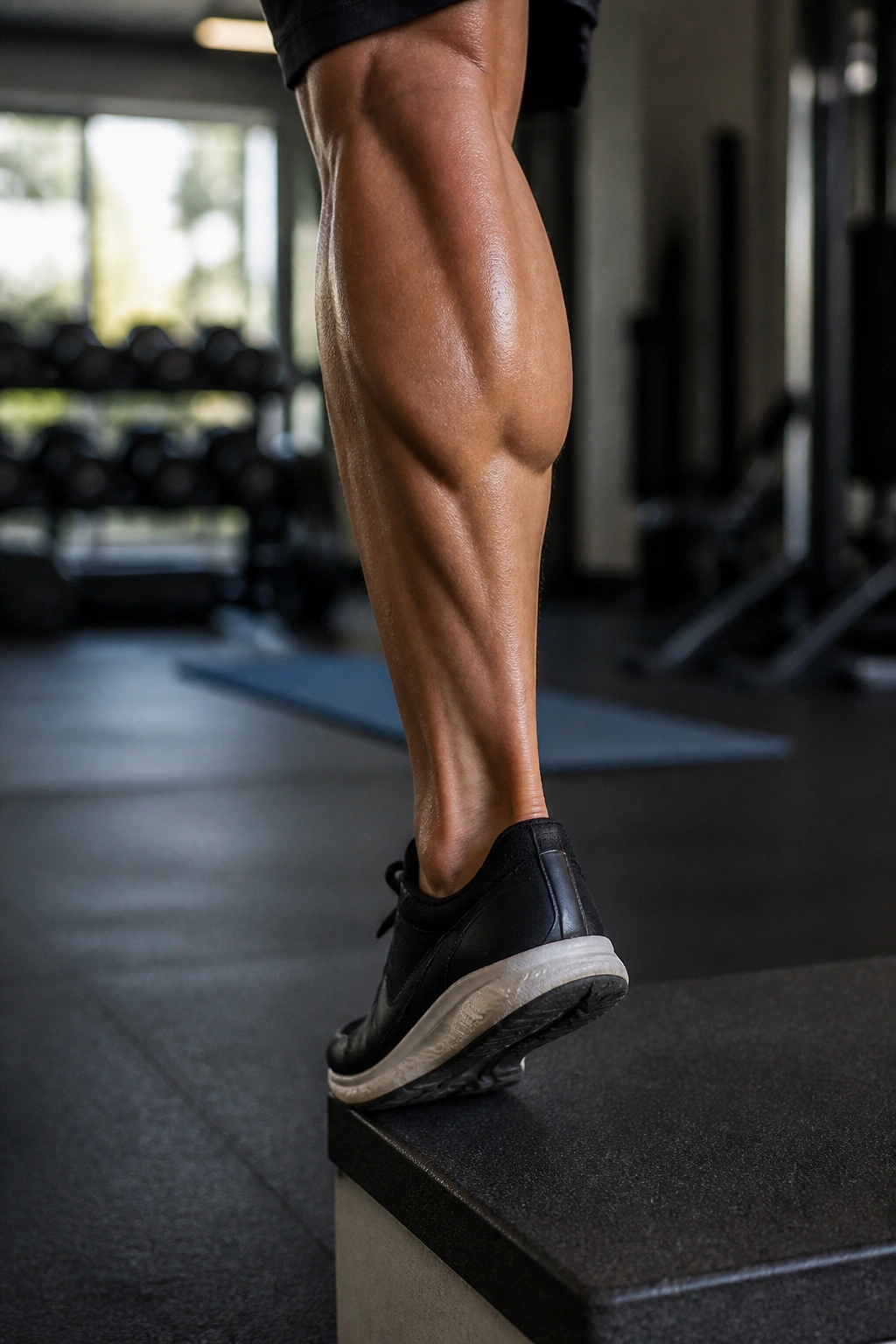 Close-up of a calf muscle during standing calf raises on a gym step