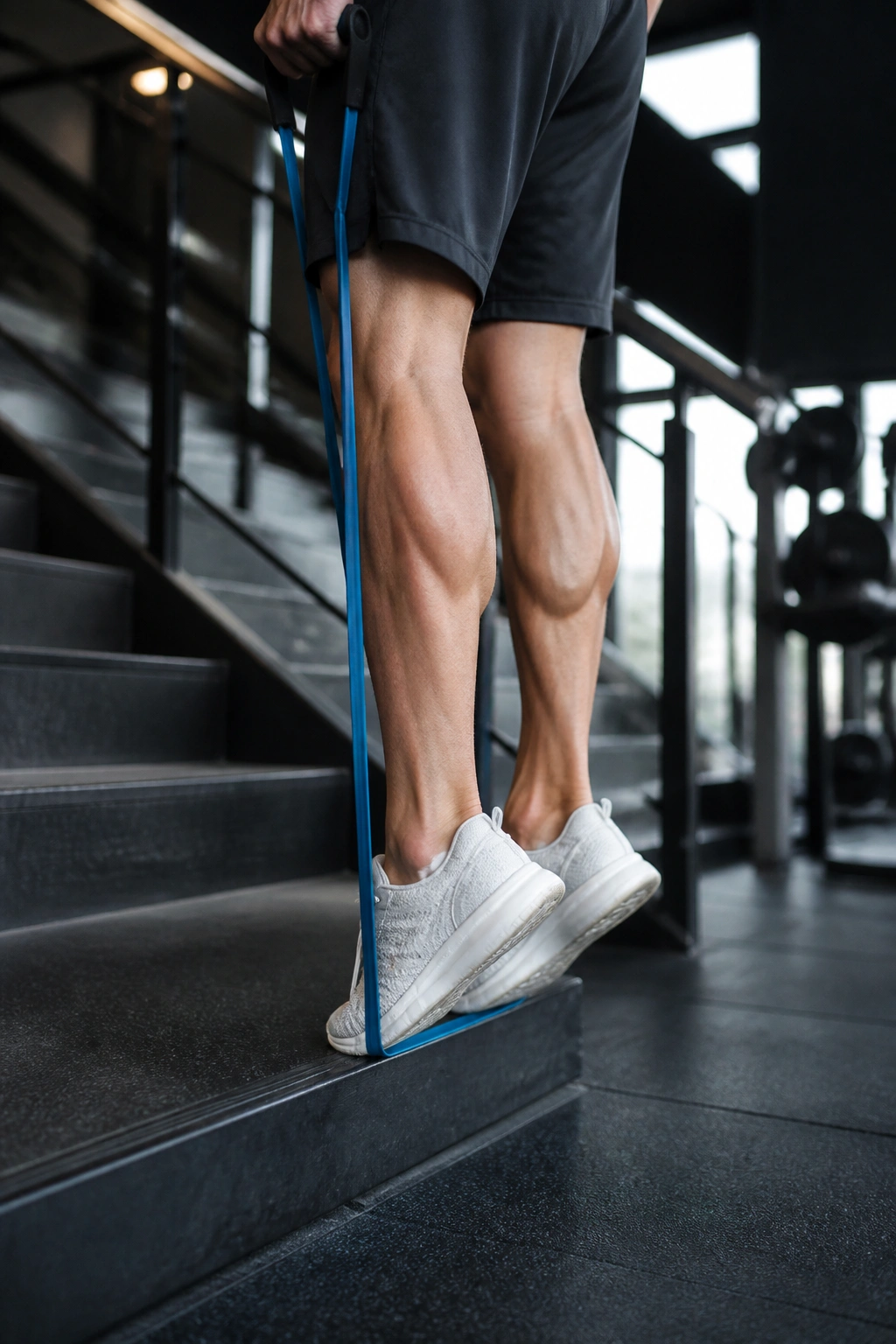 Real person performing calf raises on a step with resistance band