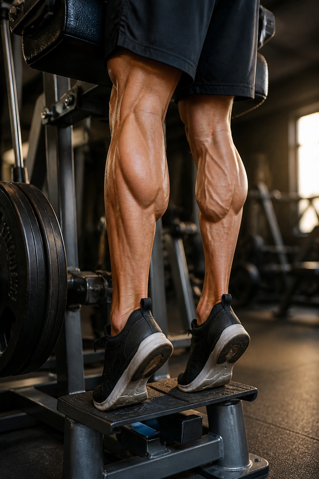 Close-up of calf muscles during standing calf raises on a machine