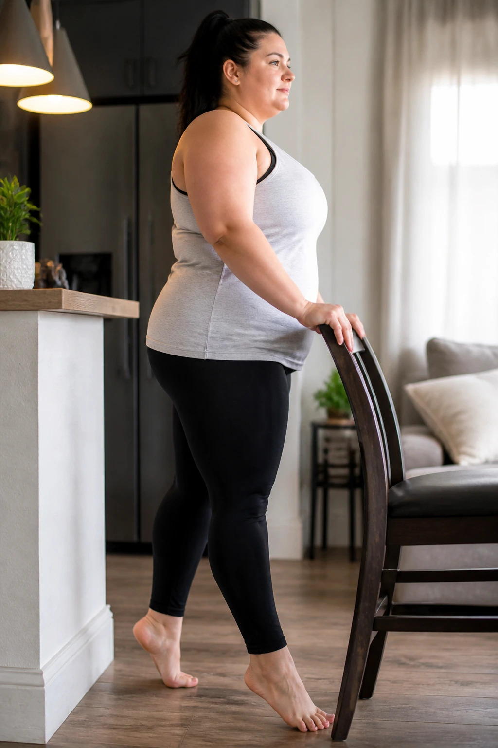 Close-to-mid shot of a person performing calf raises and toe taps in a home setting.