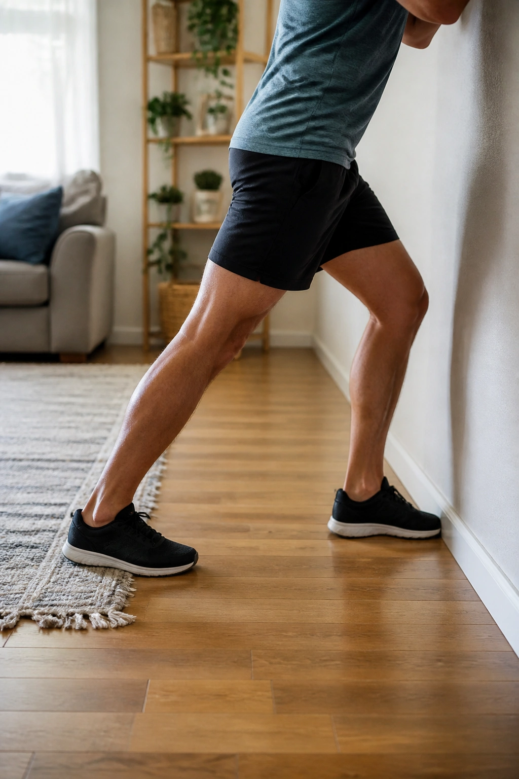Person performing calf wall stretch at home near a wall