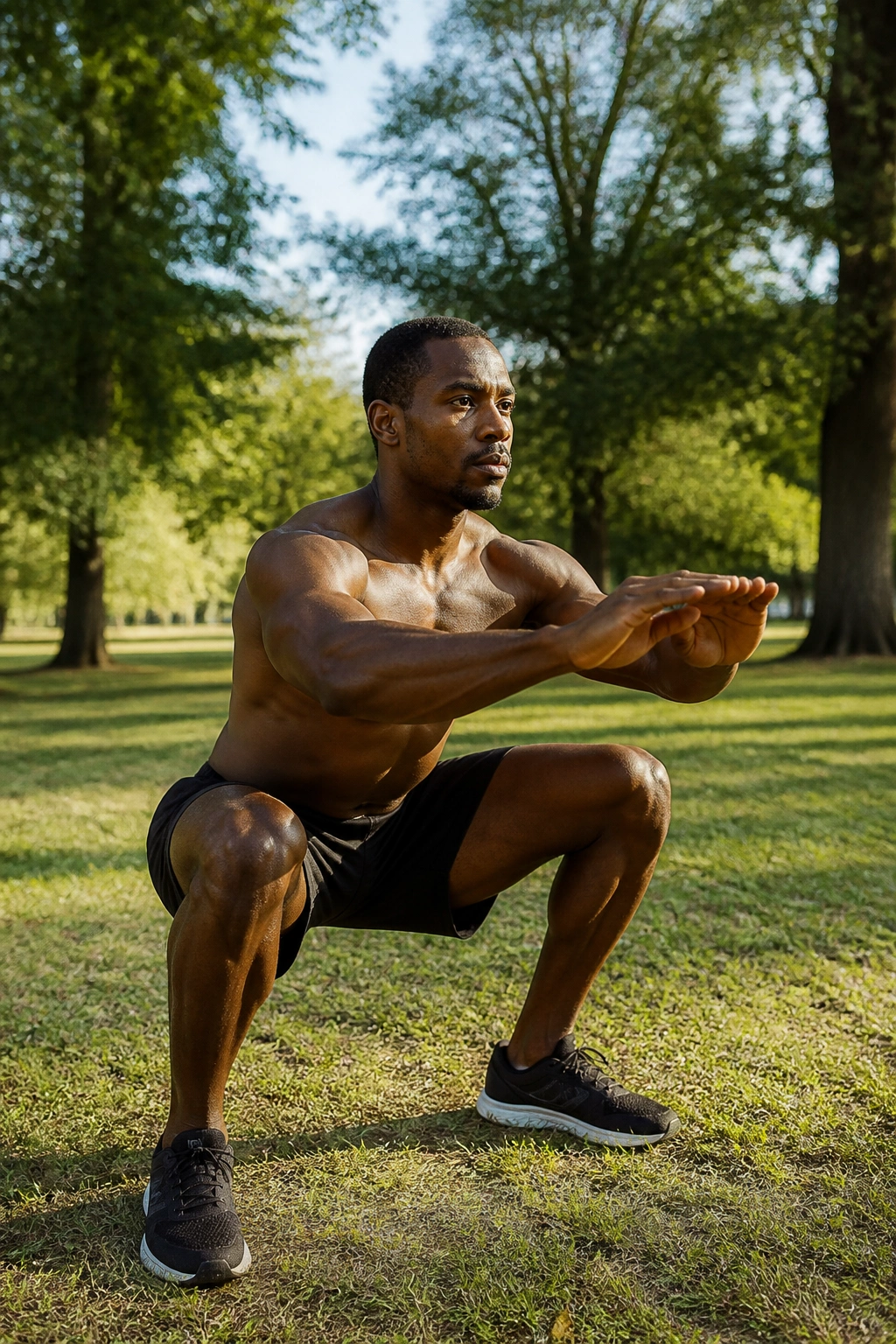 Person doing bodyweight squats in an outdoor park