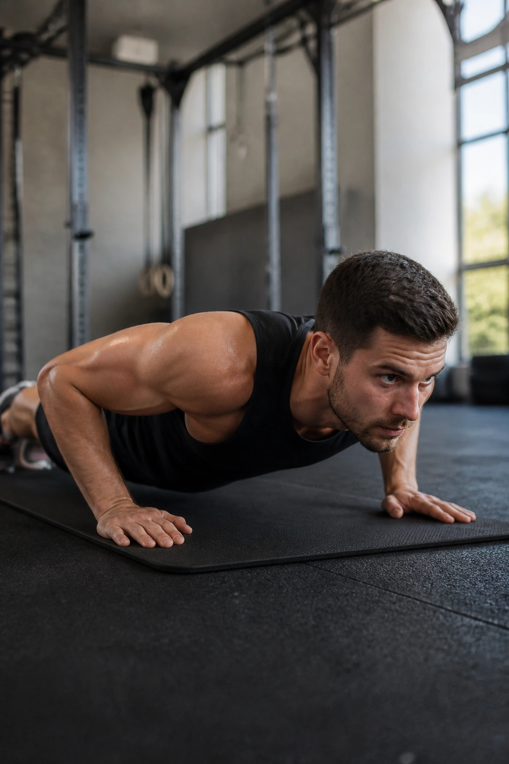 Person doing a push-up on a gym mat in bright gym