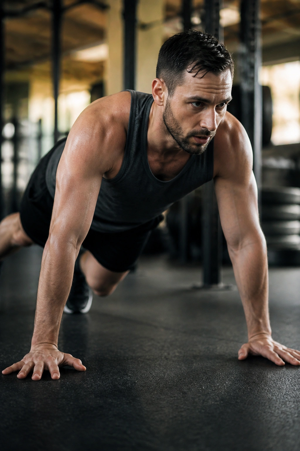 Real person performing calisthenics circuit in gym