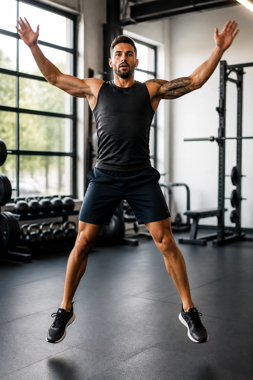 Person performing jumping jacks in gym as part of calisthenics routine