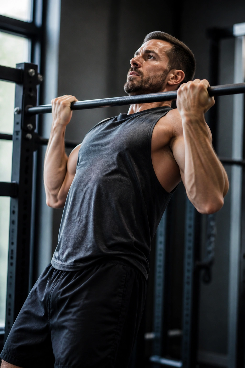 Medium close-up of a person doing pull-up progression in gym